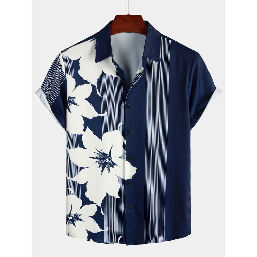 NWOT Men's Vertical Stripe Flower Print Vacation Navy Blue Hawaiian Vintage Aloh